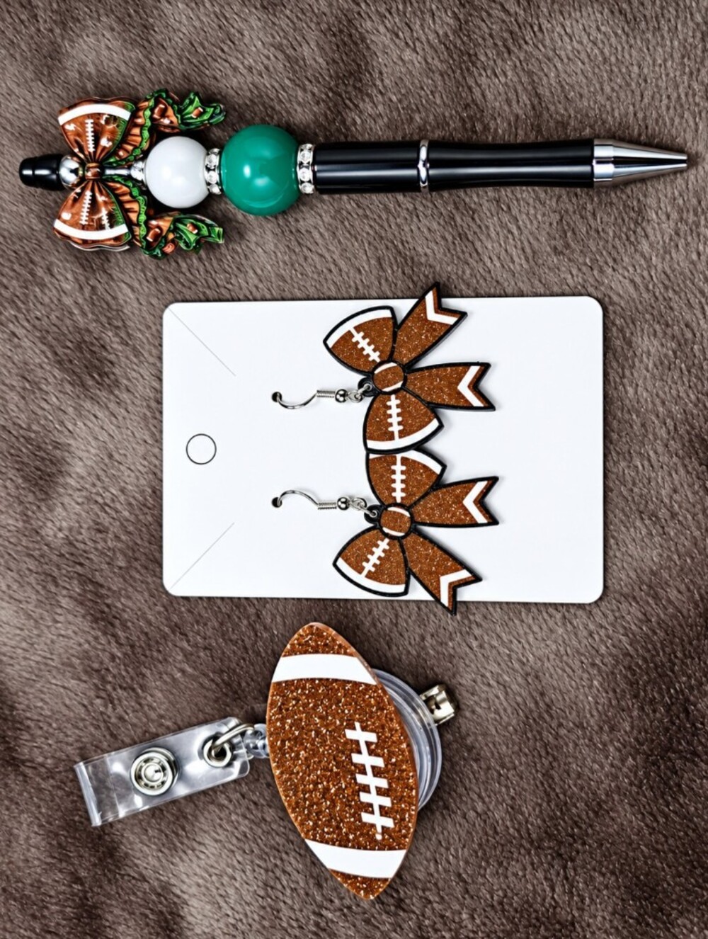 Sparkle Football Bow Earrings - Brown Kids Accessory